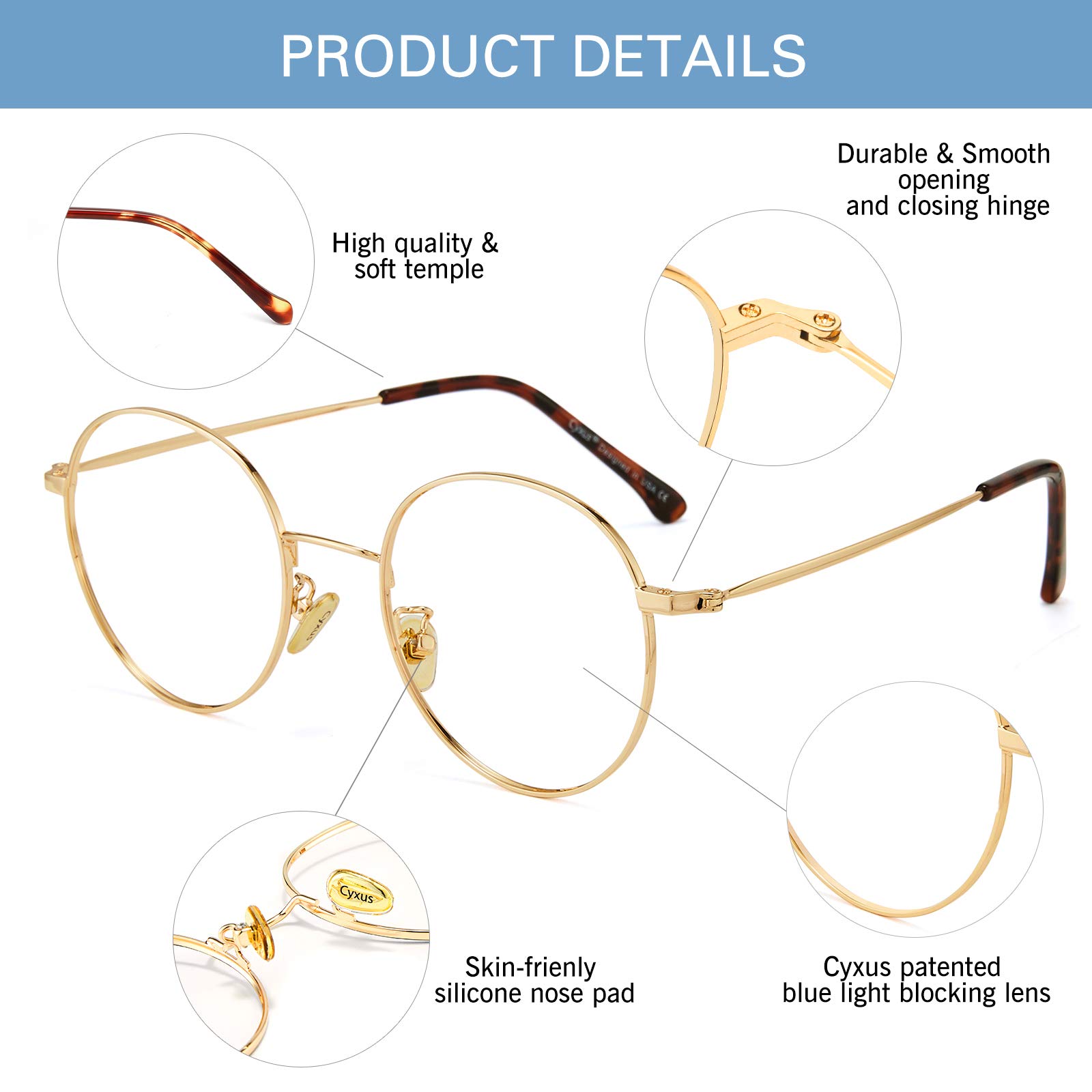 Cyxus lunettes anti lumière bleue pour hommes femmes bloquant UV ordinateur métal ultra léger