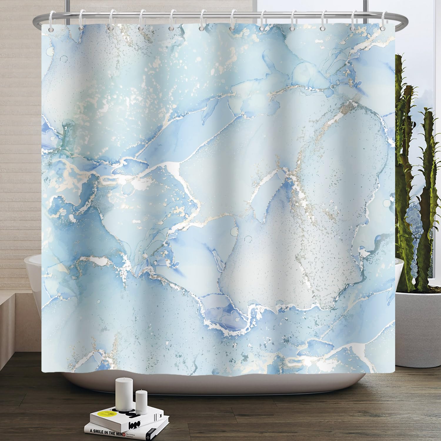 Tenda Doccia Effetto Marmo Blu - Impermeabile E Antimuffa, 90x180 Cm Con Ganci - Foto 11