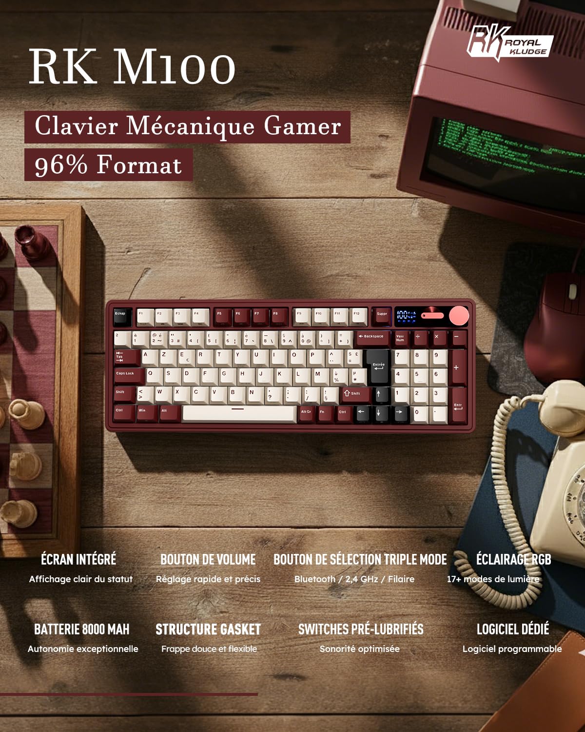 RK ROYAL KLUDGE M100 Clavier Gamer sans Fil AZERTY, Clavier Mécanique 96% avec Pavé Numérique, Écran et Boutons BT/2.4G/USB-C RGB 8000mAh Gasket Structure Touches PBT Hot-Swap Creamy Switches, Rouge