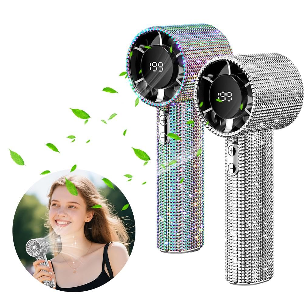 Full Diamond, ventilatore portatile portatile turbo, con strass, mini ventola di raffreddamento personale, ricaricabile con display digitale, per casa, ufficio, viaggi, attività all'aperto