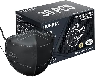 HUHETA KN95 Face Masks 30 Pack Individually Wrapped - 5-Ply Breathable, 95%+ Filtration PM2.5 Dust Protection (Black)