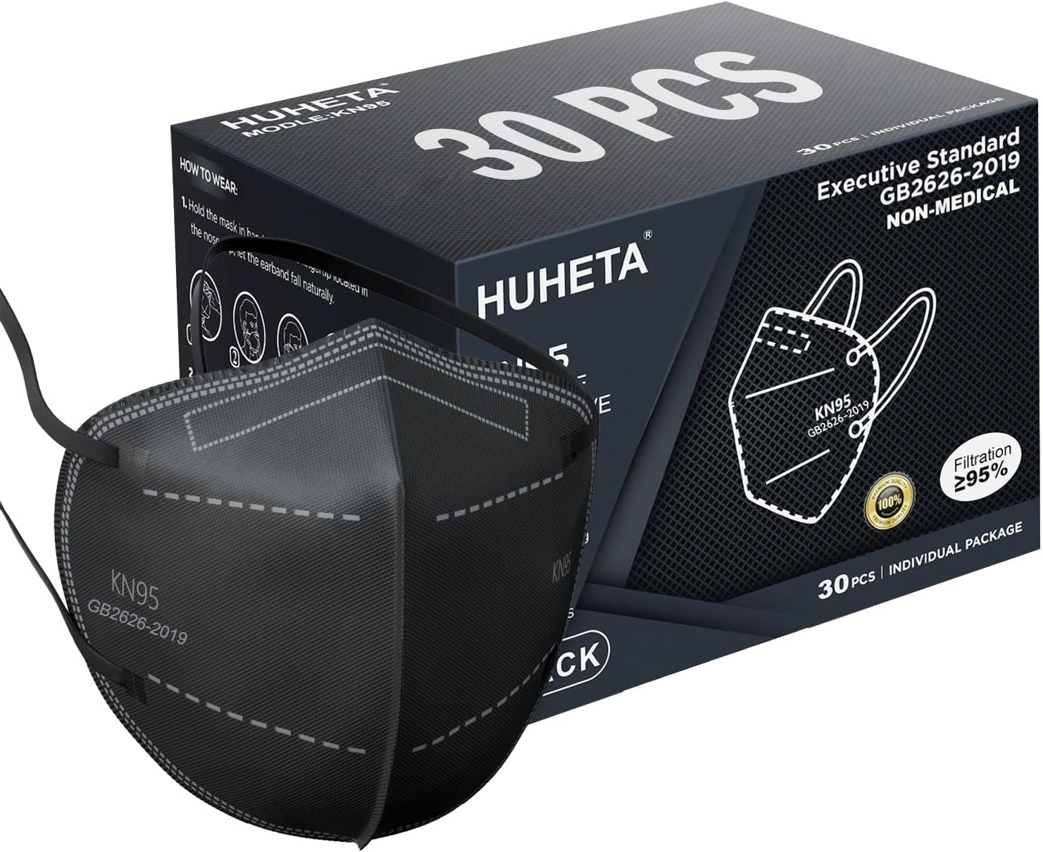 HUHETA KN95 Face Masks, Packs of 30 Individually Wrapped, 5-Ply Breathable and Comfortable Safety Mask, Filter Efficiency Over 95%, Protective Cup Dust Masks Against PM2.5 (Black Mask)