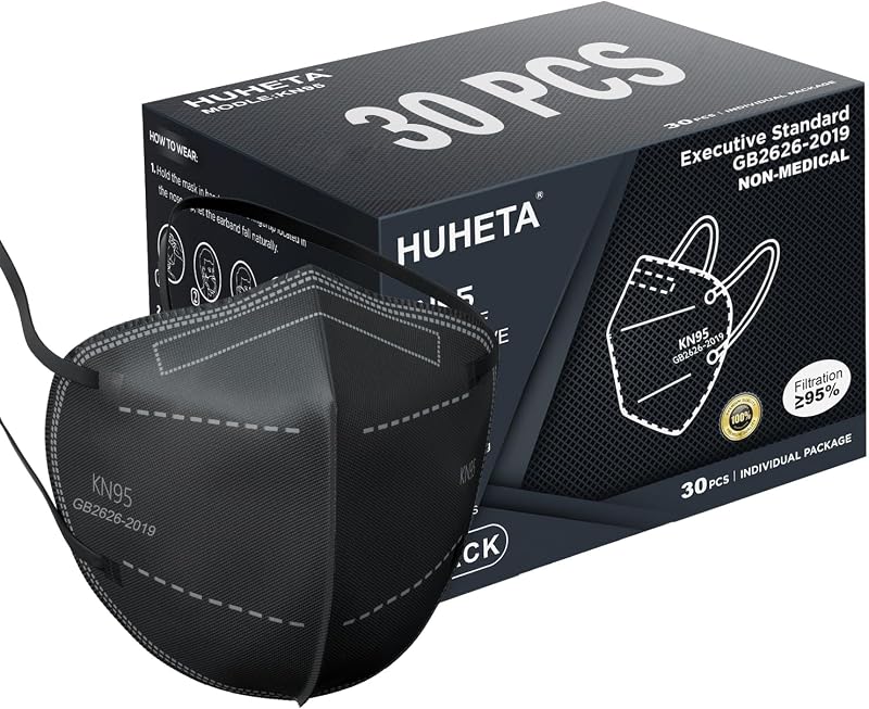 HUHETA Mascarillas KN95, Paquetes de 30 Envueltos Individualmente, Mascarilla de Seguridad Cómoda y Transpirable de 5 Capas, Eficiencia de Filtro Superior al 95%, Mascarillas Protectoras contra el Polvo contra PM2.5 (Máscara Negra)