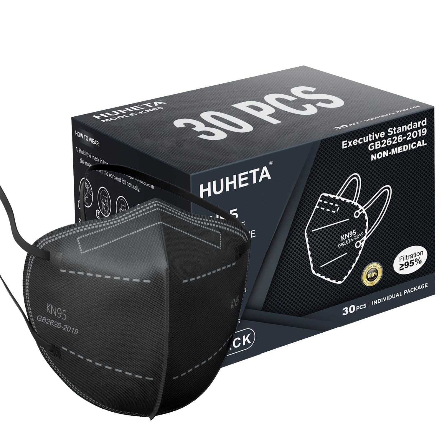 HUHETA KN95 Face Masks, Packs of 30 Individually Wrapped, 5-Ply Breathable and Comfortable Safety Mask, Filter Efficiency Over 95%, Protective Cup Dust Masks Against PM2.5 (Black Mask) HUHETA KN95 Face Masks, Packs of 30 Individually Wrapped, 5-Ply Breathable and Comfortable Safety Mask, Filter Efficiency Over 95%, Protective Cup Dust Masks Against PM2.5 (Black Mask)