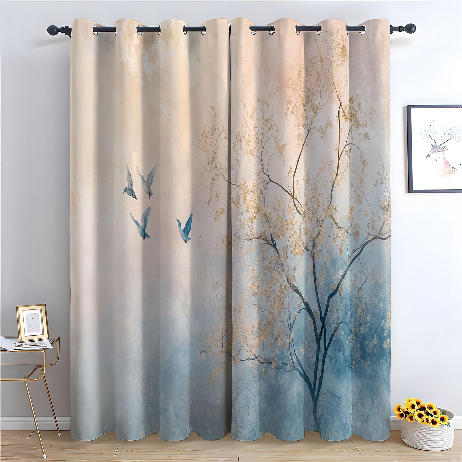 WQBQKKX Plant Curtain Blackout, Spring Botanical Curtains Minimalist Thermal Insulated Blackout Curtains Botanical Print Pattern Window Drapes for Living Room-52 W x 84" L (Pack of 2)