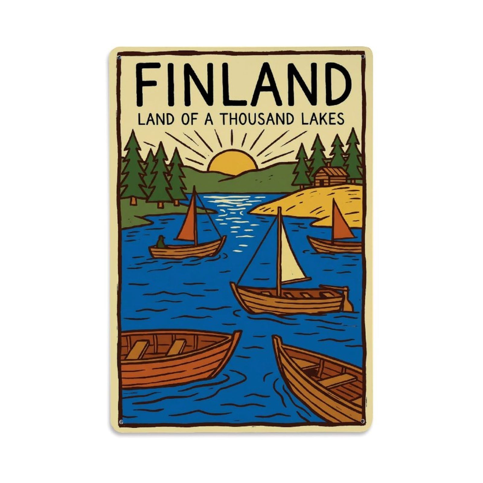 Olhnbad Style Finland Primitive Sailboat Lake Travel Folk Metal Tin Sign