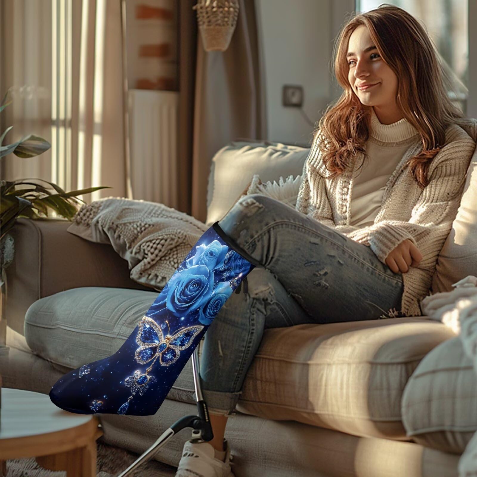 Gomyblomy Blue Leg Cast Cover Butterfly Rose Cast Sock Cover for Foot Stretchy Cast Cover for Leg Foot Below The Knee Leg Cast Scratcher Sleeve Cast Decoration for Women-M