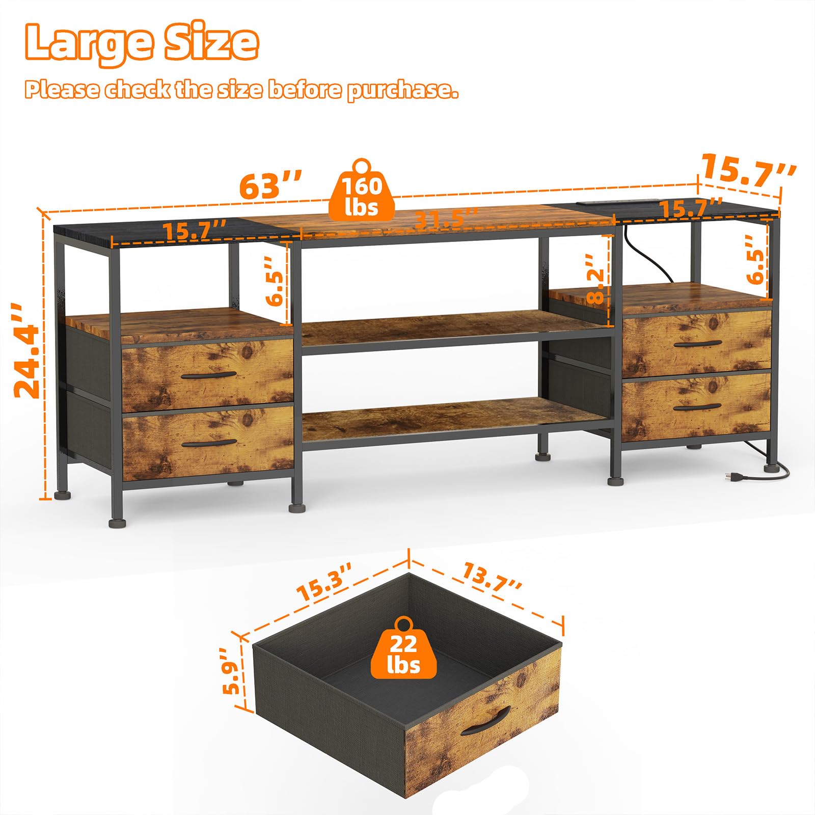 Mobile TV con Luci LED Presa, Tavolo TV Basso per Fino a 70 Pollici, Scaffale con 4 Cassetti in Tessuto e 2 Ripiani Aperti, Mobili per Soggiorno Camera da Letto, Marrone Vintage