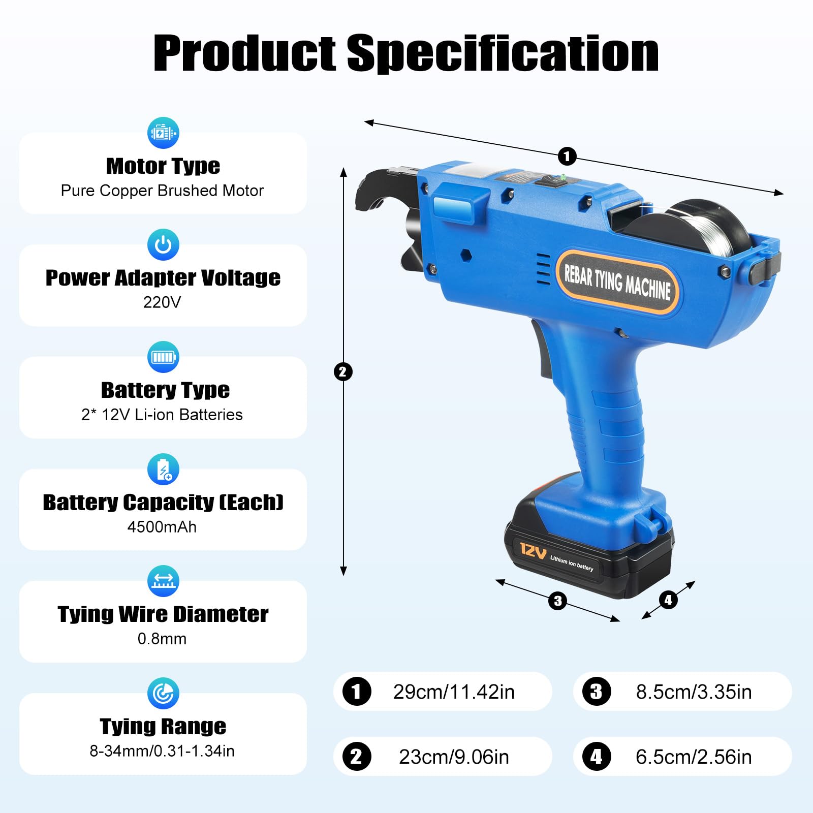 Legatrice professionale in acciaio – 1500 nodi per carica, 0,8s/nodo, 8-34 mm, con 2 batterie da 4500 mAh e valigetta degli attrezzi