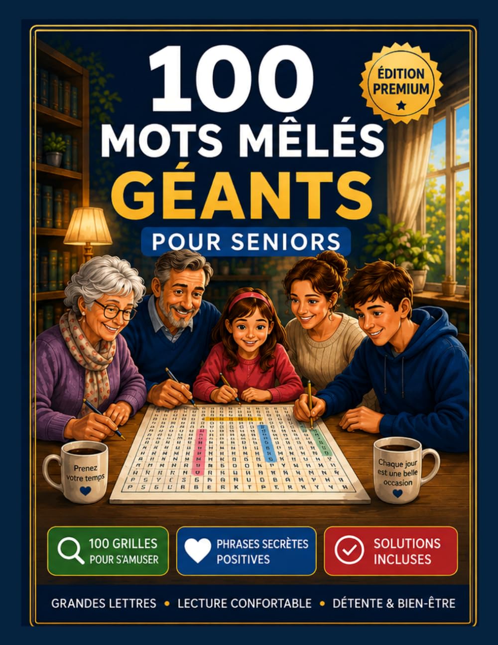 Mots Mêlés Géants pour Seniors 100: Grandes Lettres • Phrases Secrètes • Solutions Incluses