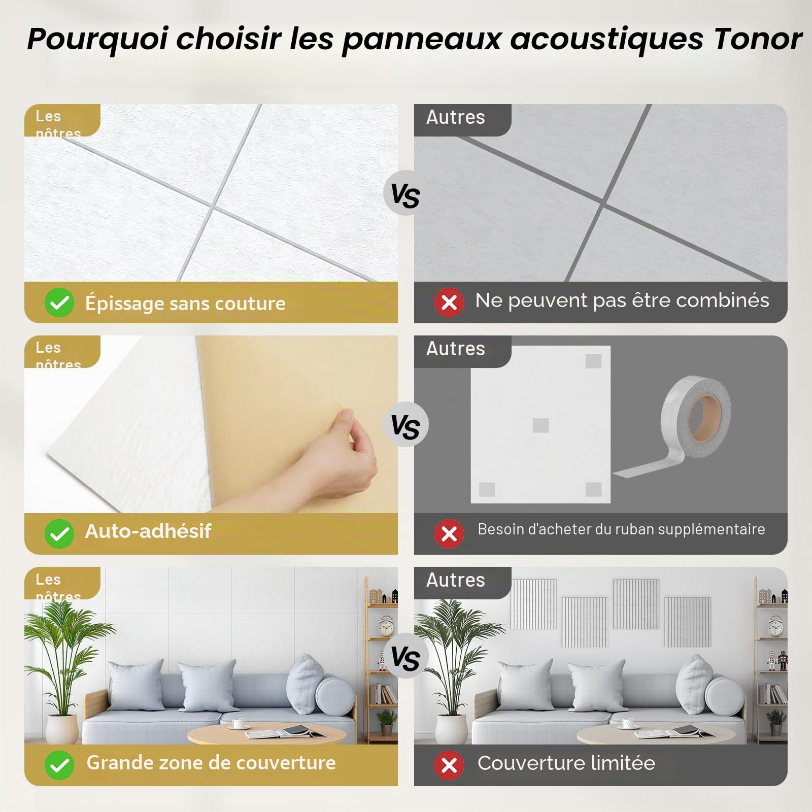 TONOR Panneau Mural Decoratif Adhésifs, 4 Panneaux 112x55 cm, Panneau Acoustique pour la Décoration Murale Intérieure, Studio, Salon, Bureau, Noir Profond