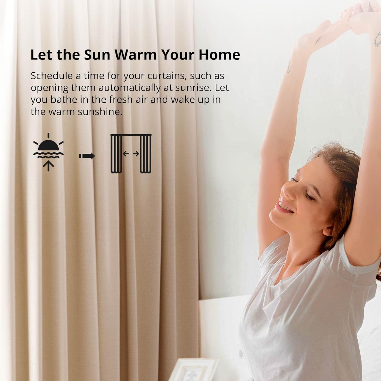 Illustration of scheduling curtains to open at sunrise