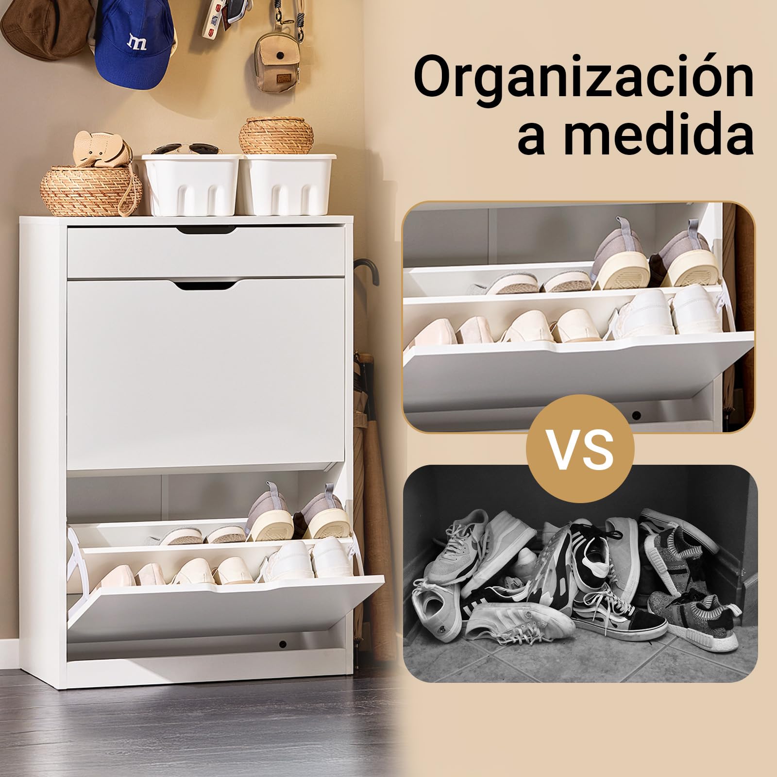 SoBuy Zapatero Estrecho con cajón 60x30x90cm para recibidor | Mueble zapatero con cajón y puertas abatibles para 8 pares, estantes ajustables, blanco FSR180-W