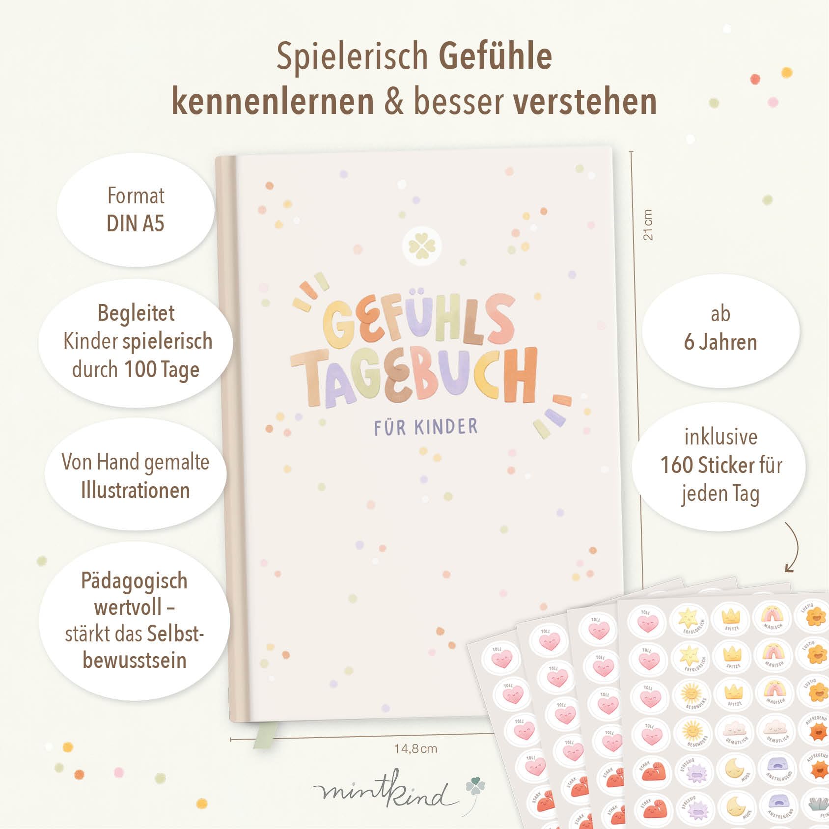 mintkind® Gefühlstagebuch Kinder 6–10 Jahre, pädagogisch entwickelt, 100 Tage Gefühle verstehen & Dankbarkeit, zum Ankreuzen & Ausfüllen, inkl. 160 Sticker, A5, 146 Seiten, Rätsel & Übungen