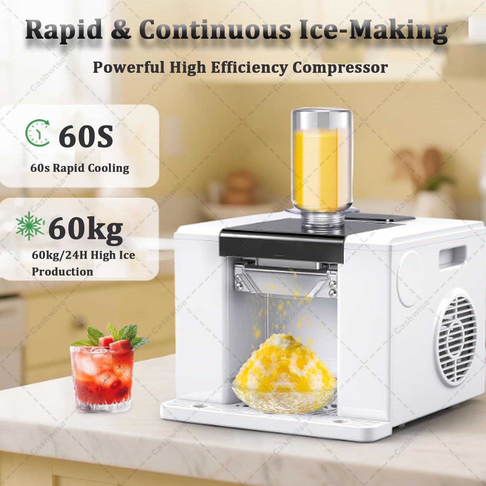 Máquina para hielo raspado y granizados, Máquina de granizados, Máquina coreana de hielo raspado Bingsu, Prepara hielo raspado y granizados en 60 segundos, Con función de autolimpieza y pantalla White
