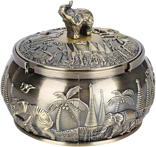Cenicero de elefante en relieve resistente al viento con tapa soporte de metal para cigarrillos de escritorio 3D para interiores o exteriores