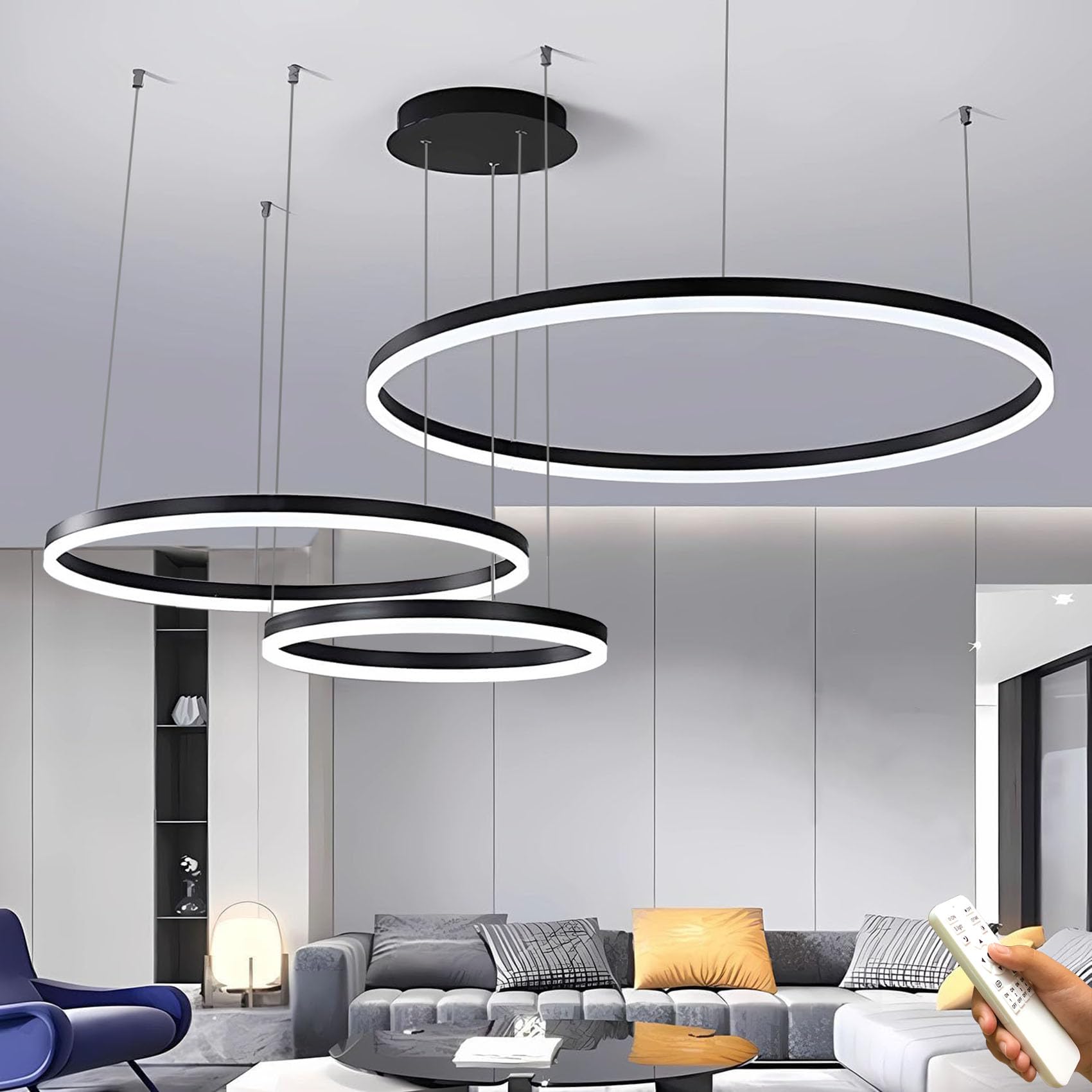 LED Pendelleuchte Moderne Schwarz 3-Ring Separate Installation Kronleuchter 75W Dimmbar Deckenbeleuchtung Für Schlafzimmer Wohnzimmer Esszimmer 40×60×80CM