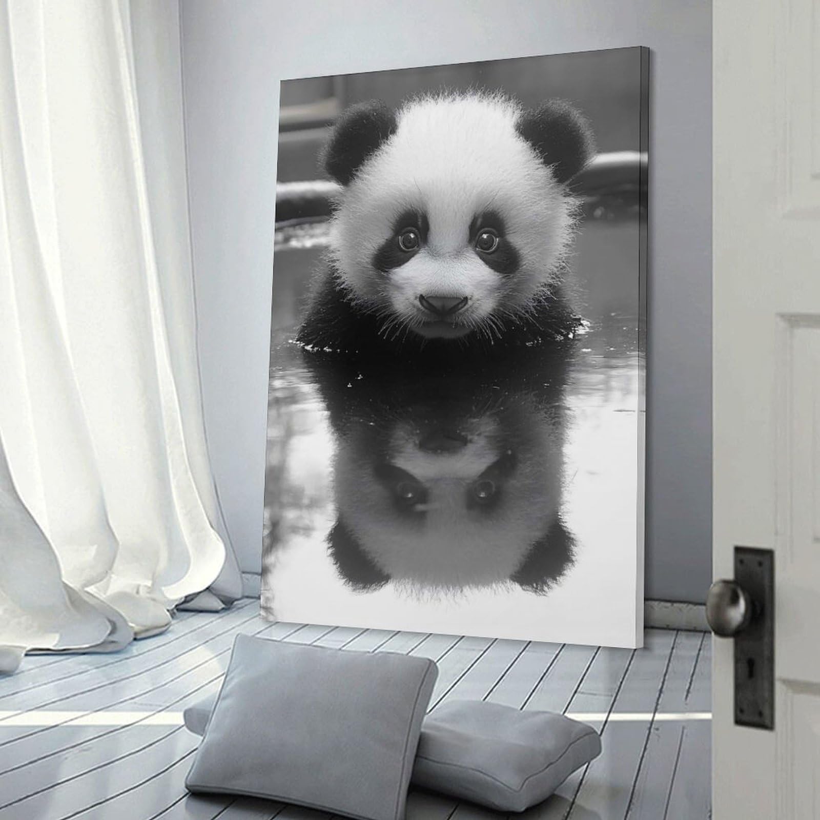 Junmoney Panda Cub in Water Reflection Home Decor Wall Art 24x36inch(60x90cm), for Gallery Wall Layouts in Home Or Office, A Versatile Canvas Print for Layering