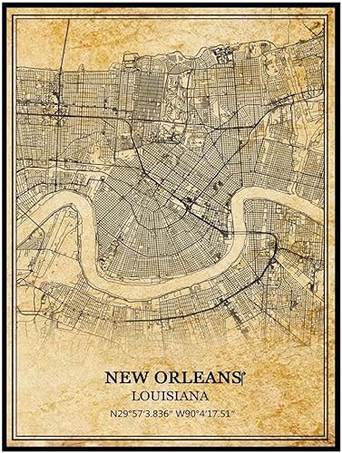 TANOKCRS Póster de mapa vintage de Nueva Orleans, Louisiana, Estados Unidos, América, arte de pared, impresión de mapa, regalo de recuerdo de viaje,