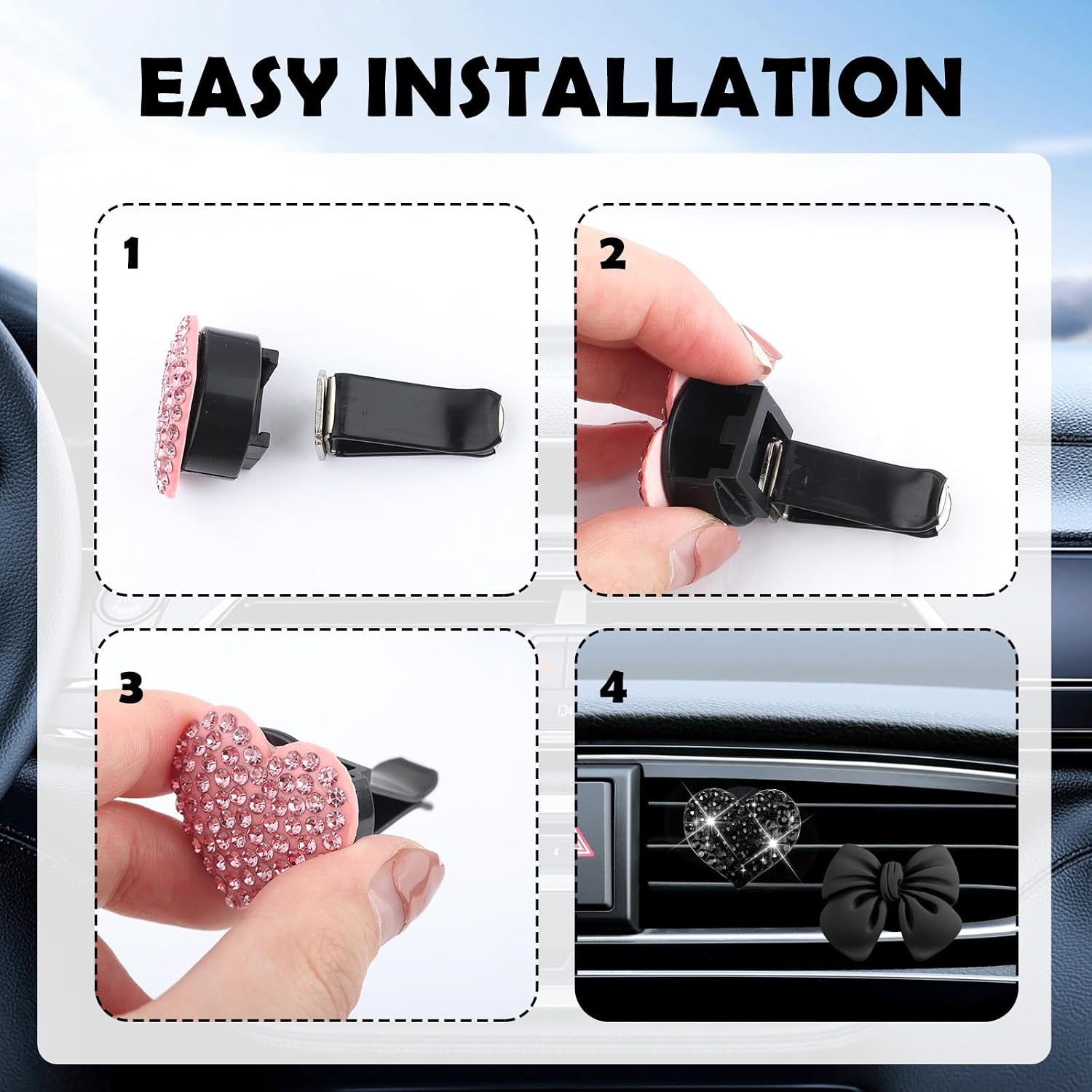 4PCS Car Vent Clips Cute Heart & Bow,Stylish Cute Air Vent Clips Car Accessories as Automotive Interior Decorations,Universal Cars Vents Clip for Most Cars,SUVs,Trucks (Black)
