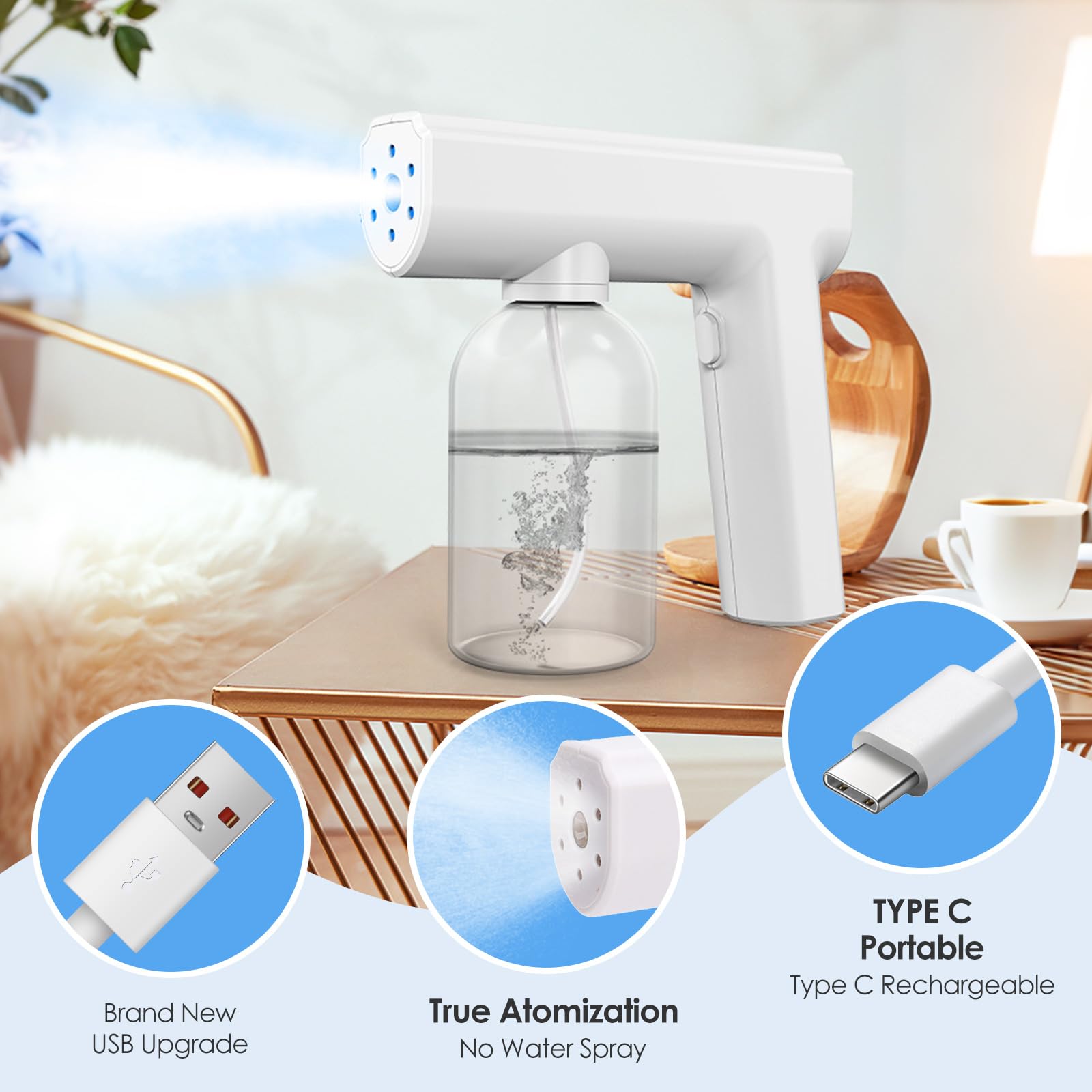 Buachois Atomizzatore Elettrico 250ml, Spruzzatore a Mano Nebulizzatore per Casa Auto Ufficio, Leggero e Portatile con Ugello ad Alta Prestazione (Bianca)