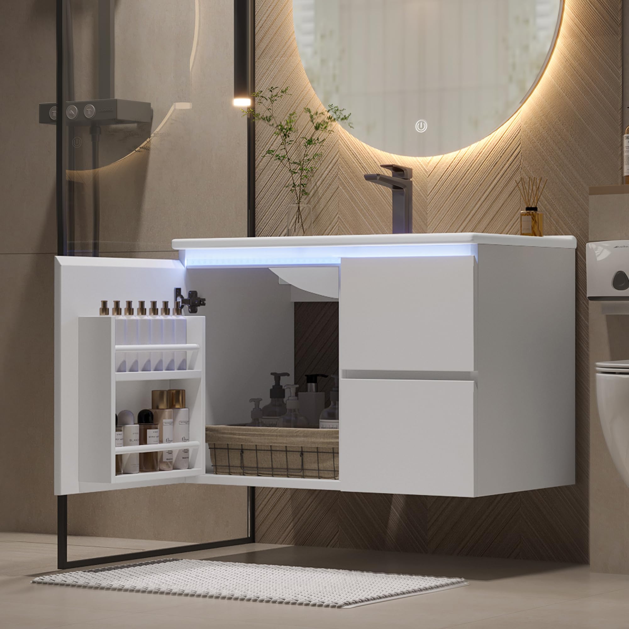 76 x 46 x 50 cm. Mueble de baño de pared, totalmente lacado, iluminación con sensor de radar LED, lavabo, dos cajones, lavabo integrado, blanco (76 x 46 x 50 cm)