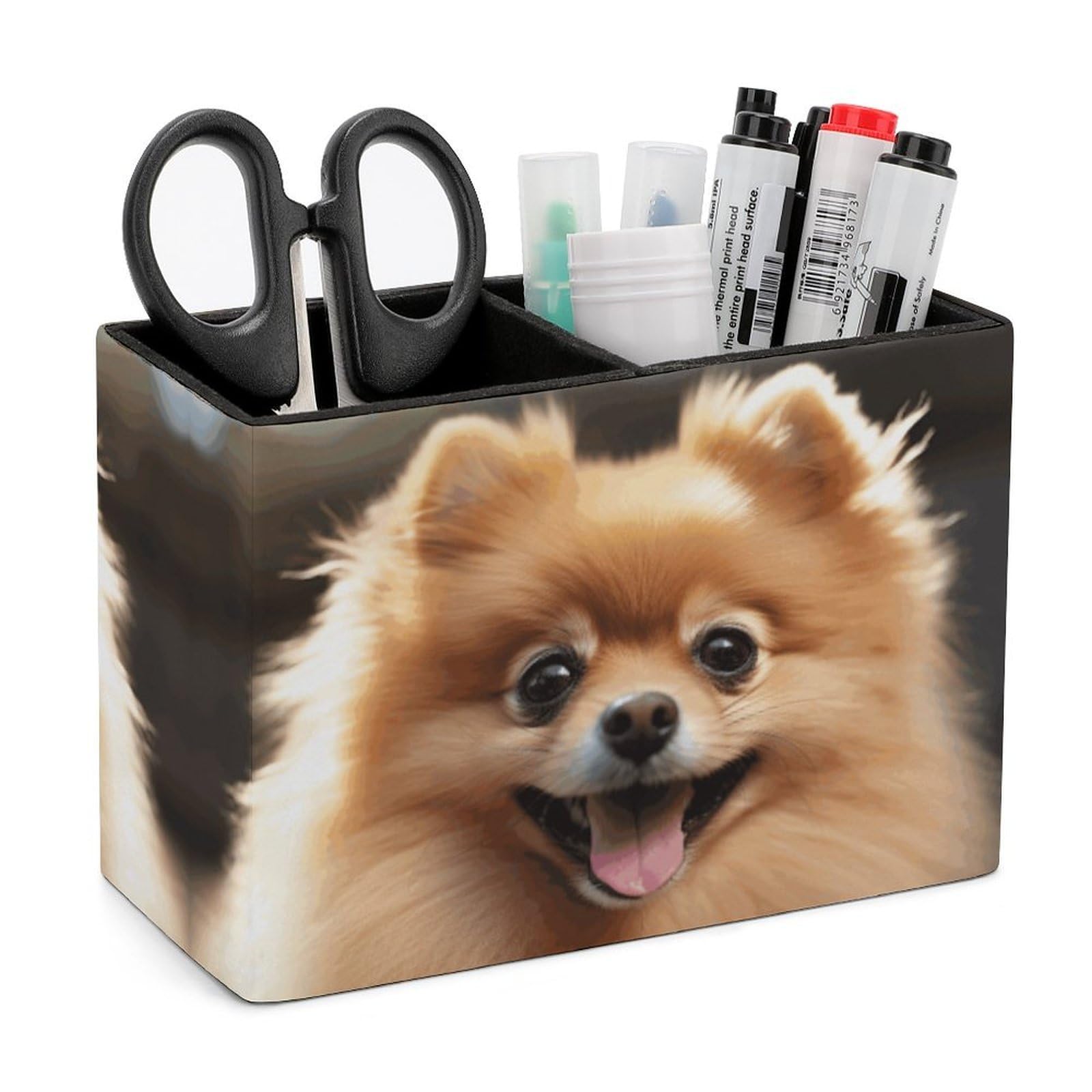 LZQPOEAS Exquisite Patterns PU Leather Pen Holder, Multifunctional Desktop Organizer Caddy with 2 Compartments, Pomeranian Dog Pencil Cup Makeup Brush Holder for Office Home
