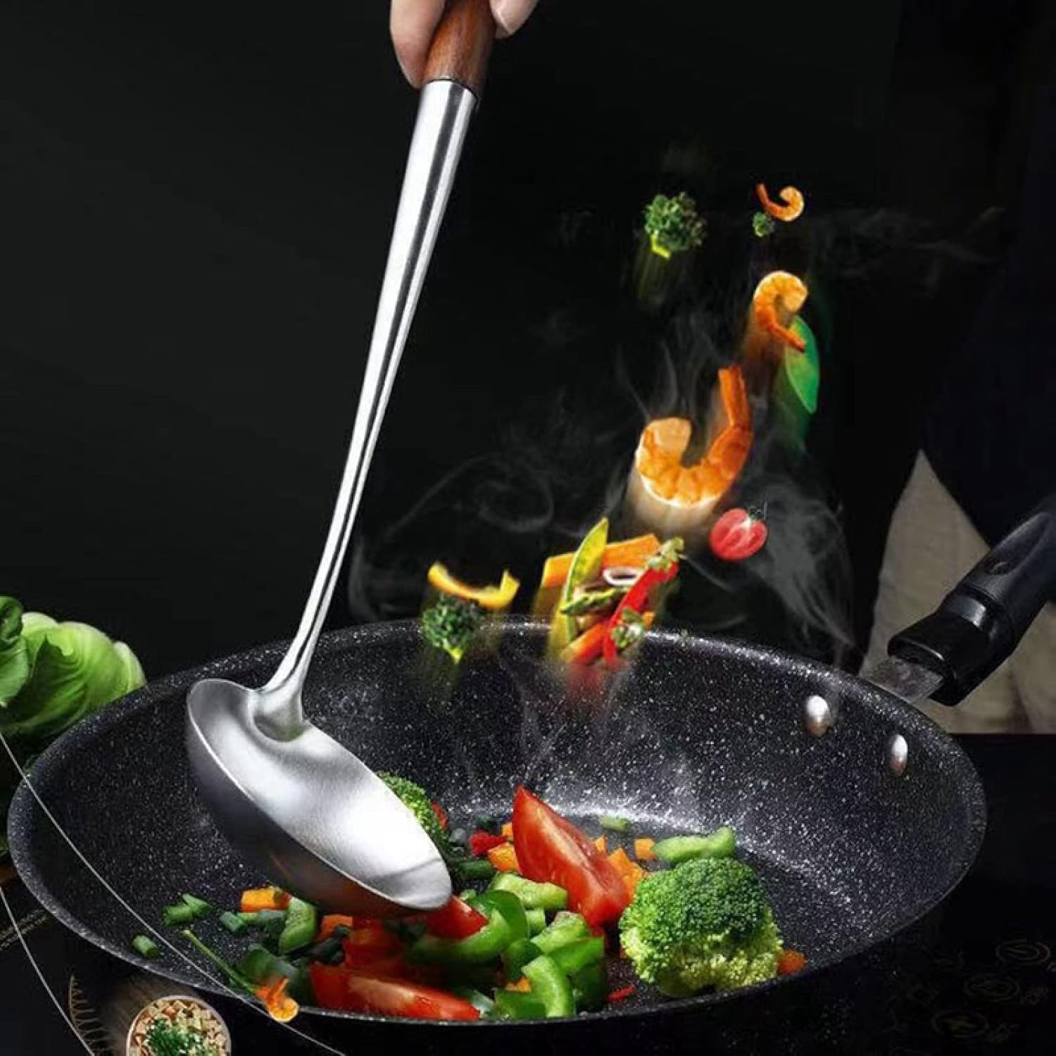 Juegos de utensilios de cocina Juego de utensilios de cocina, juego de utensilios de cocina, espátula wok de acero inoxidable con mango largo, espátula ranurada, cuchara de arroz, cucharón, juego de 4