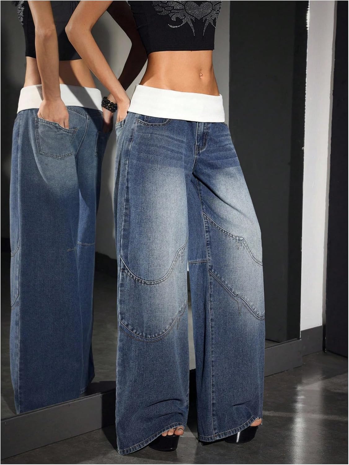Verdusa Women's Grunge Fold Over Pants Wide Leg Baggy Jeans with Pockets Blue 30