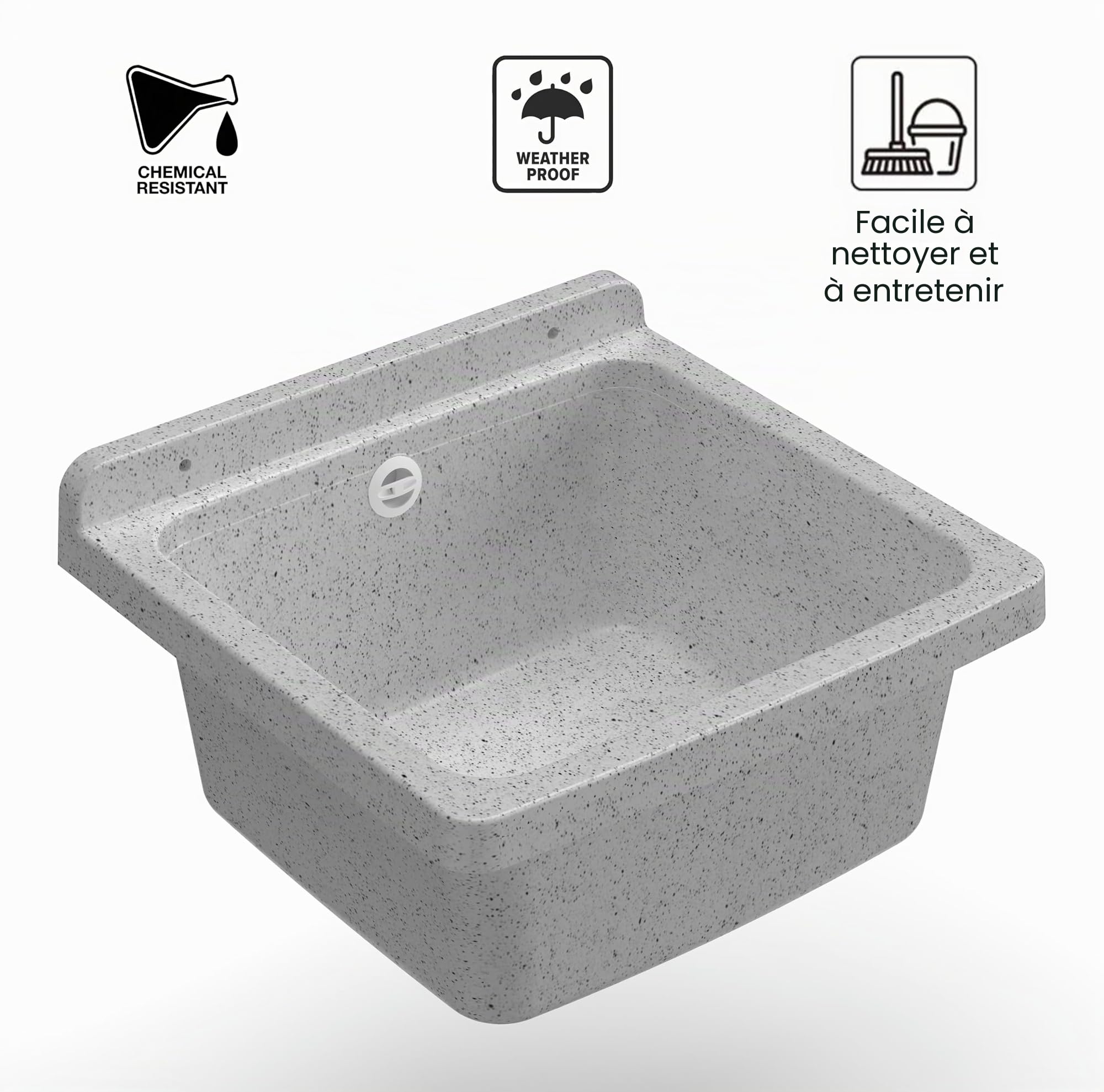 Adventa Baignoire en résine de PP, Fixation Murale, compacte, avec Siphon et bonde, résistant aux acides d'usage commun, buanderie, Garage, extérieur, Granit, L40 x P40 x H19 cm