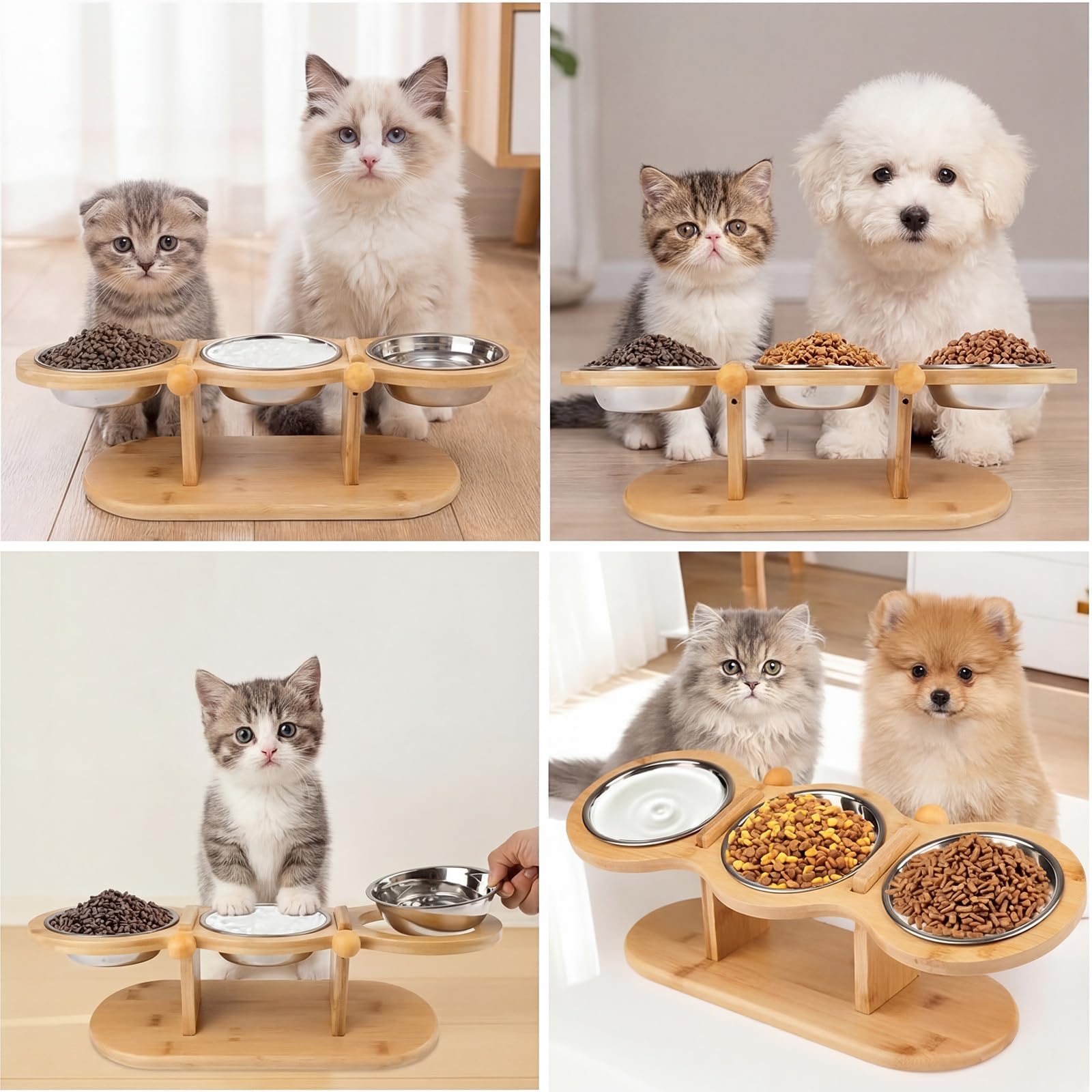Comedero Gato Elevado Inclinación de 15°Cat Bowl Comederos Altos para Gatos con 3 Cuencos de Acero Inoxidable para Gatos y Perros Pequeños
