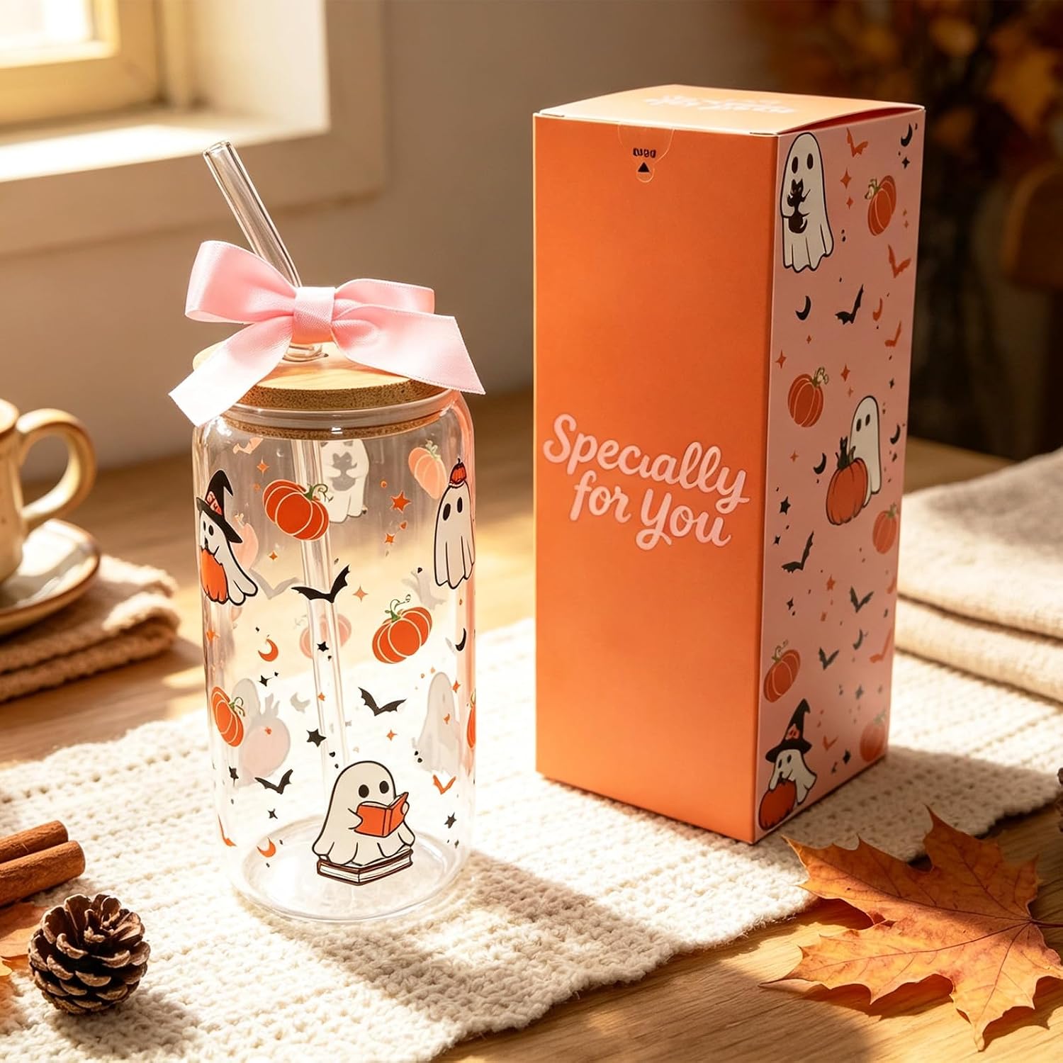 G.R.I Halloween Glass Cup 16oz with Bamboo Lid & Straw, Ghost Cat, Gift Box