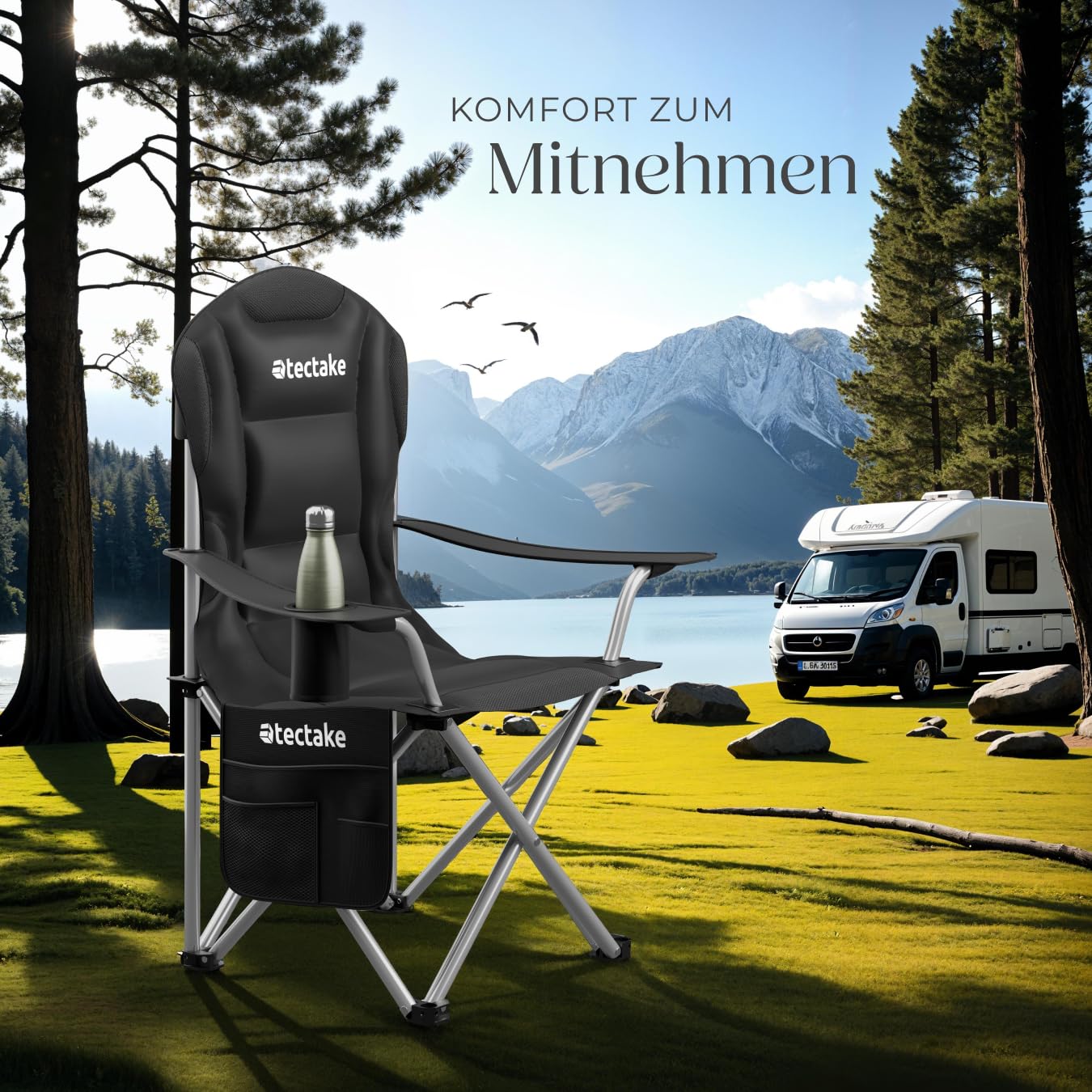 tectake® Campingstuhl faltbar, Stuhl mit Armlehne, Gartenstuhl klappbar, Klappstuhl Camping Gadgets oder Angelzubehör, Outdoor Sessel mit Getränkehalter für Campingküche, als Balkonstuhl