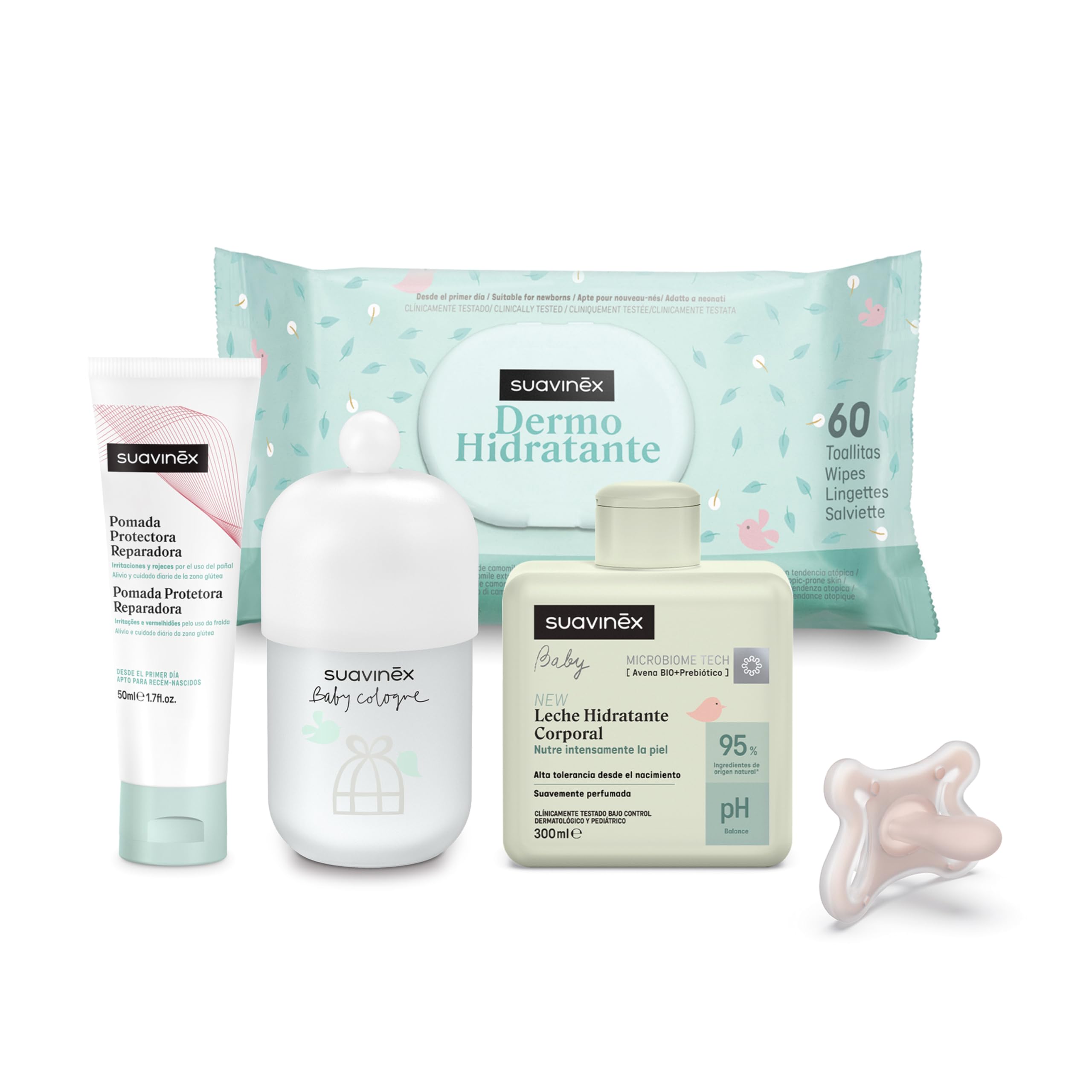 Suavinex, Canastilla Bebé Recien Nacido, Regalo Nacimiento con Maleta de Hospital con: Chupete Zero Zero 0/6 Meses + Baby Cologne 100 ml + Crema del Pañal 50 ml + Toallitas + Leche Hidratante 300 ml