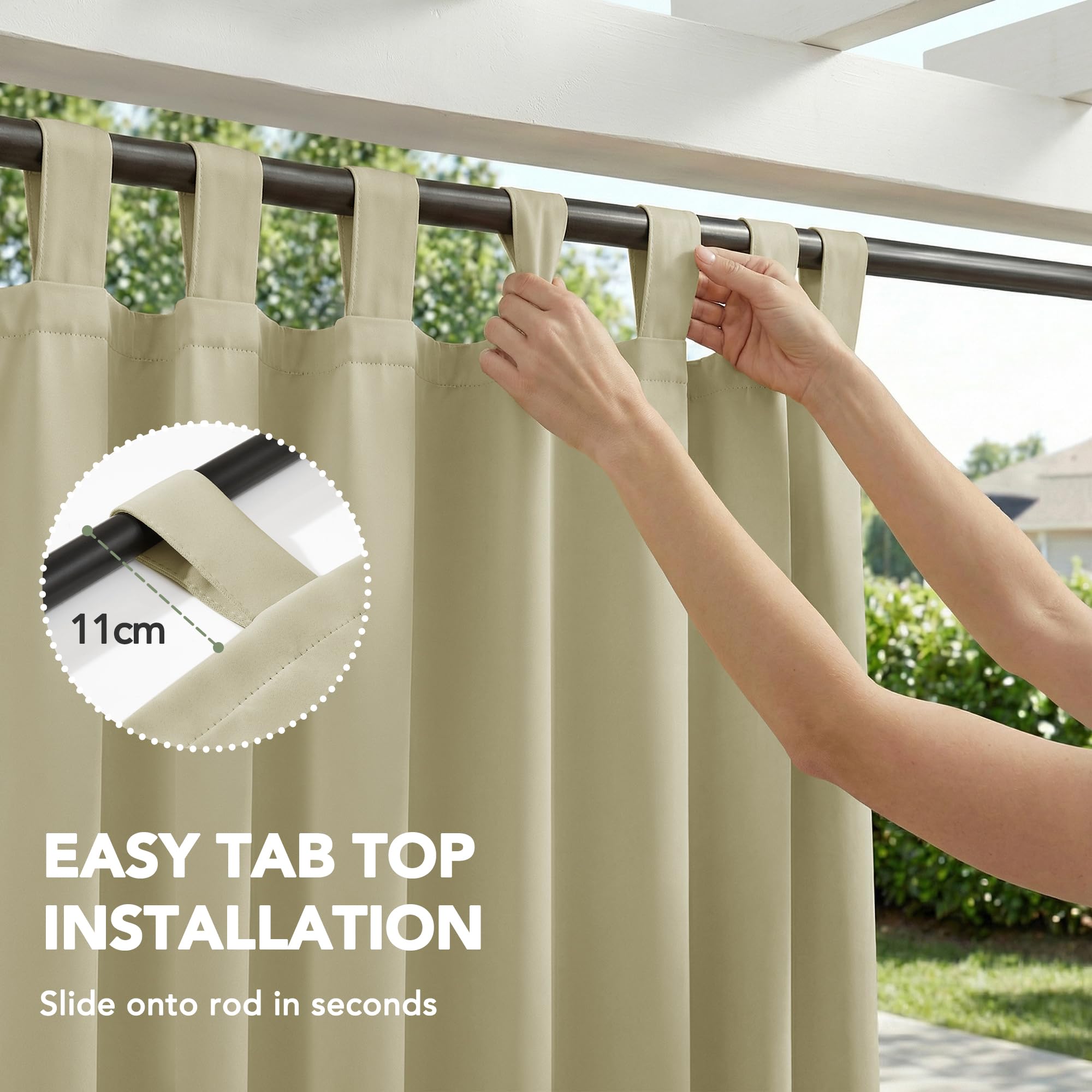 Deconovo Cortinas Exterior para Terraza Jardín o Balcón, Opacas y Repelentes al Agua con Trabillas, Protección Solar y Aislamiento Térmico, Set de 2 Paneles 132x270 cm Beige Oscuro