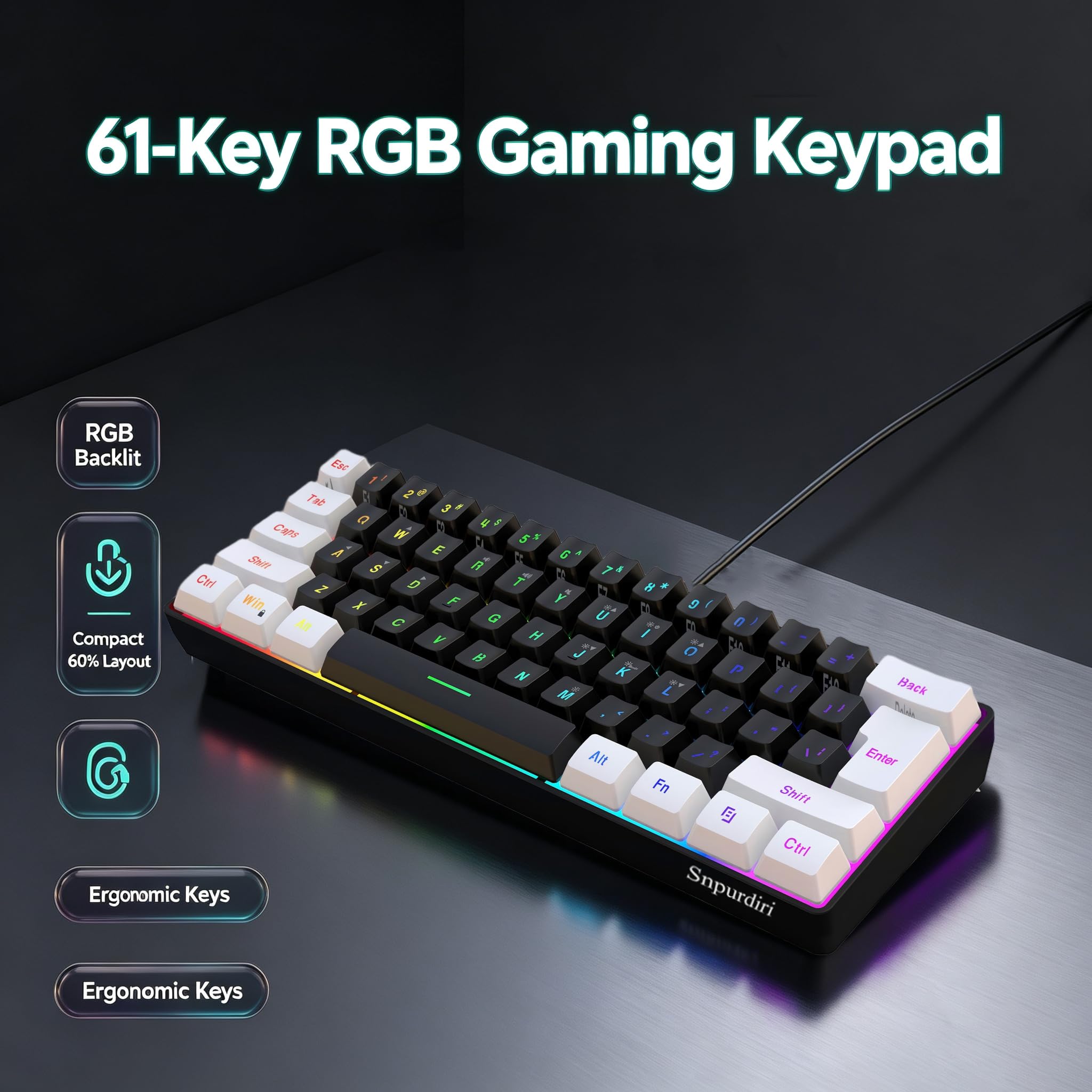 Snpurdiri Teclado para Juegos con Cable al 60%, Teclado para Juegos de Membrana retroiluminada RGB pequeño, Ultra Compacto, Mini Teclado Impermeable para PC, computadora, Jugador, Blanco y Negro | Teclado retroiluminado de membrana pequeña para juegos de