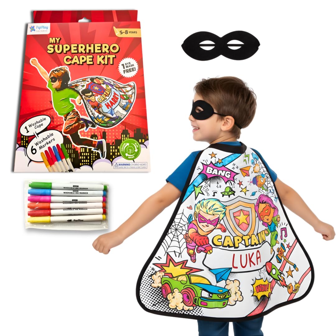 PepPlay My Superhero Cape Coloring Kit, 6 Smudge-Free Washable Markers & Eye Mask, Reusable, Mess Free DIY Activity, for Boys 4+, Birthday Gift for Boys and Girls Ages 4 5 6 7 8, Pretend Play, Cotton