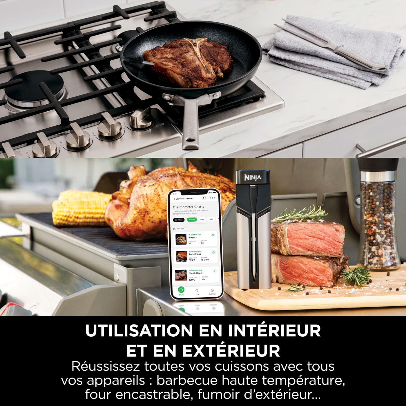 Ninja ProChef Sonde thermomètre à viande sans fil intérieur/extérieur, grillades et fritures sans huile avec portée Bluetooth de 50 m, autonomie 30 heures, connectée à l'app et étanche WP100EU