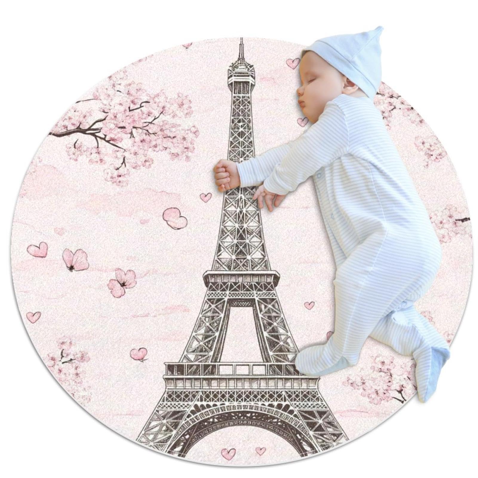 Tapis salle de bain antidérapant rond 1m motif Tour Eiffel rose