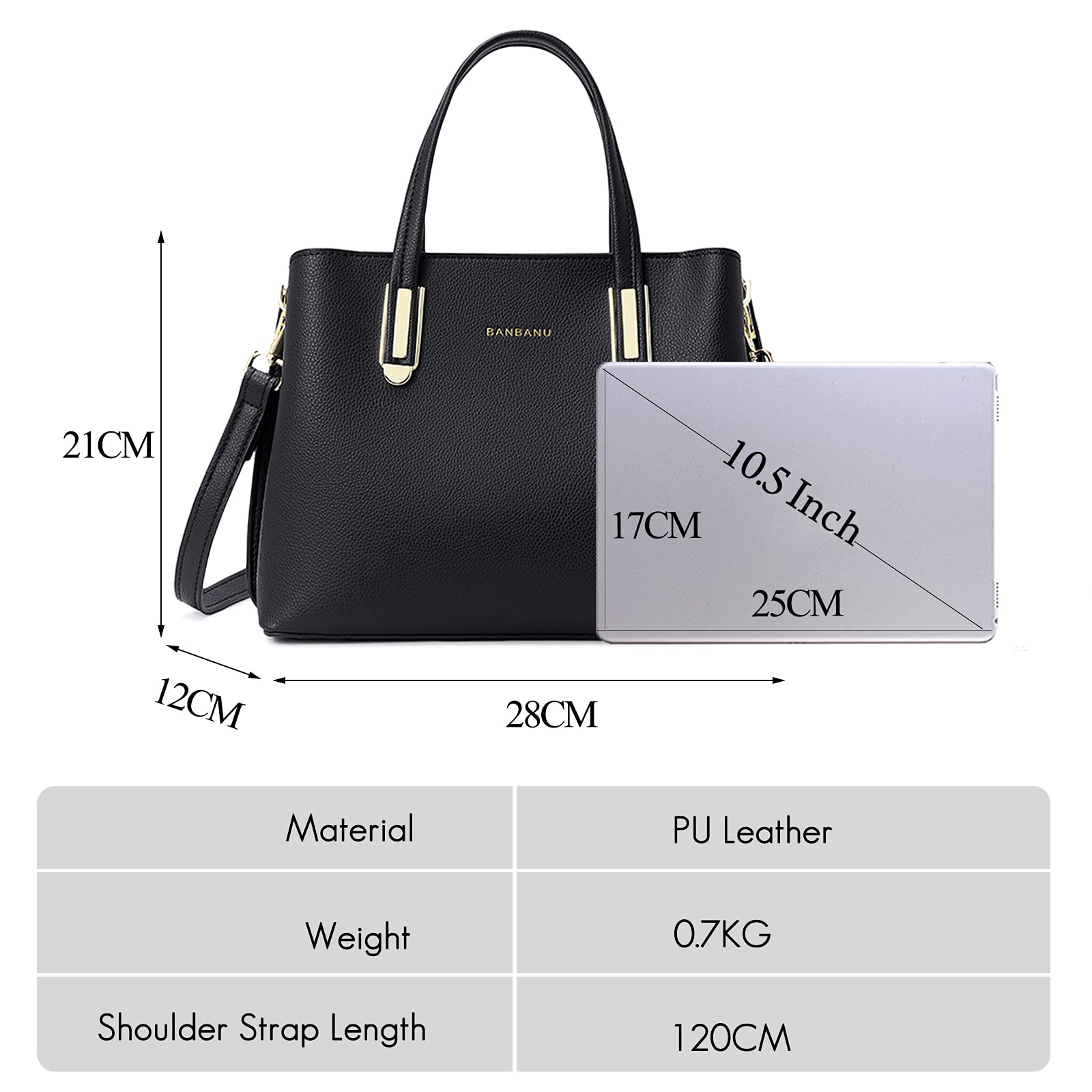 FANDARE Elegante Bolso de Mano Bolsos Cabas Mujer Bolso Bandoleras Cuero PU Impermeable Llevados Hombro Bolso De Hombro Gran Capacidad Compras Escuela Viaje, Negro, large, Elegante
