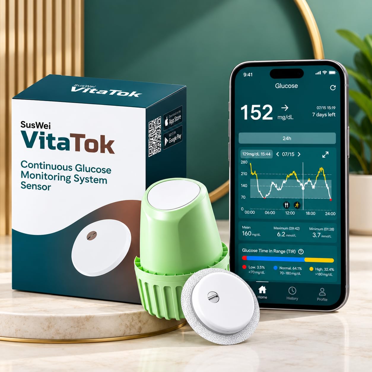 continuous glucose monitoring system sensor, real-time glucose tracking, bluetooth connectivity, up to 15 days wear, thin & lightweight design, ip28 water resistant
