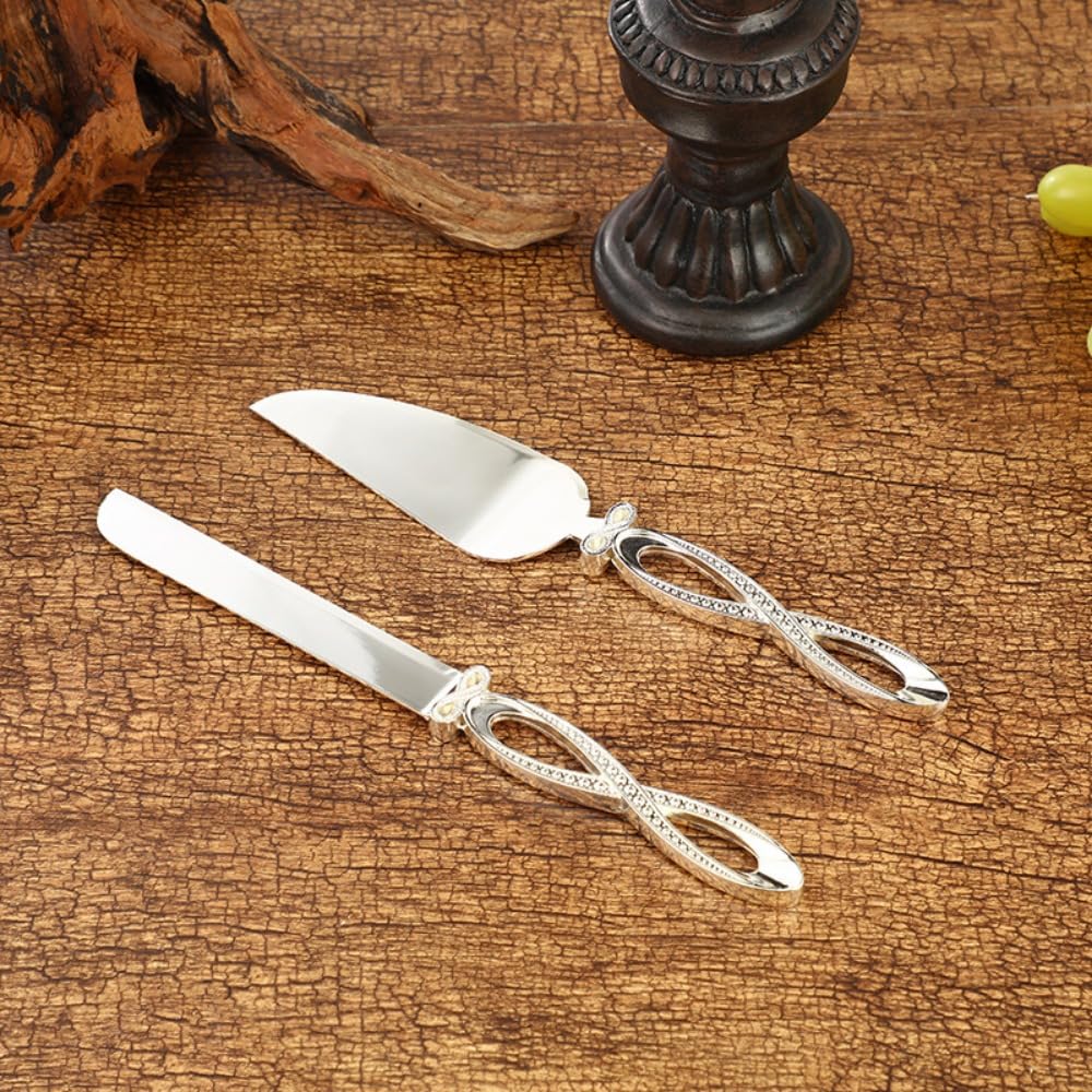 Creative Design of Light Luxury Cake Knife Shovel Server 2 Piece Set Tableware Cake Baking Tools Bread and Pizza Cutting (Silver)