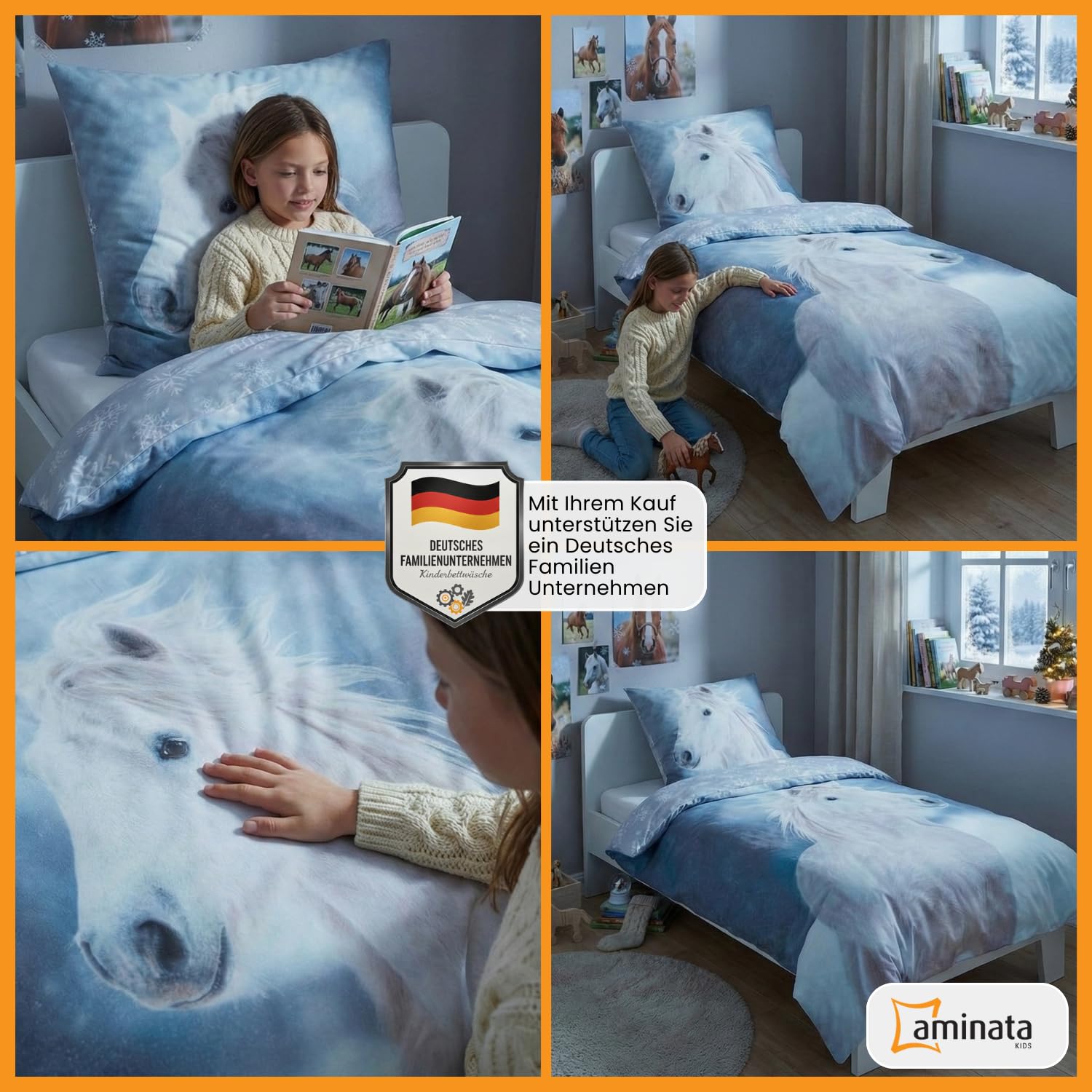Aminata kids Biber Pferde Bettwäsche 135x200 Mädchen Kinder Pferdebettwäsche - Motiv mit Pferd - warm & kuschelig - 100% Baumwolle - weiß, blau Schneeflocken