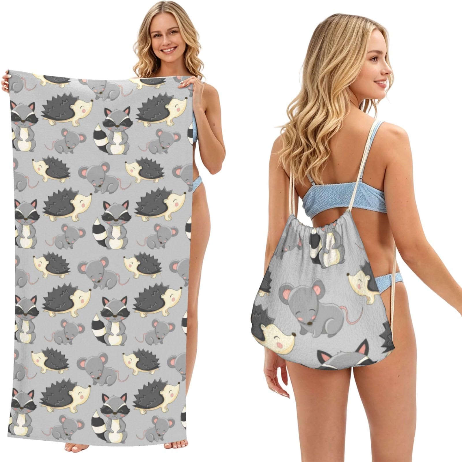 Poadnly As Picture Grey Background Hedgehogs Mice Raccoon, 2 In 1 Packable Towel Bag, Beach Towels With Drawstring Backpack For Travel Holiday Camping