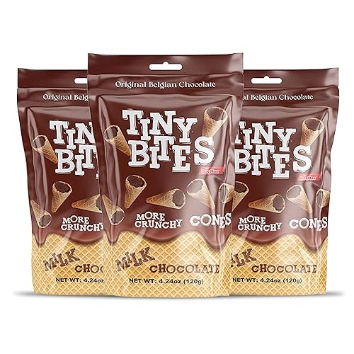 Tiny Bites - Mini conos de gofre rellenos de chocolate, bocadillos de tamaño bocado hechos con chocolate belga real por BeeMax (chocolate con leche,