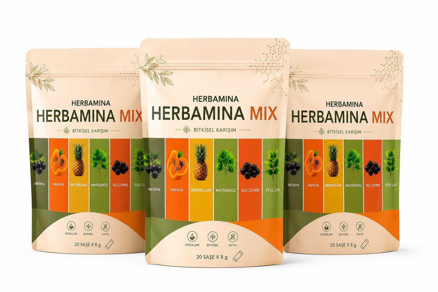 Herbamina Mix Bitkisel Karışım 3er Pack – 3 x 20 Sachets Kräutergetränk Pulver | Türkischer Bitki Çayı Mix | Frucht- & Pflanzenextrakte | Heiß & Kalt Genießbar Total 60 sachets