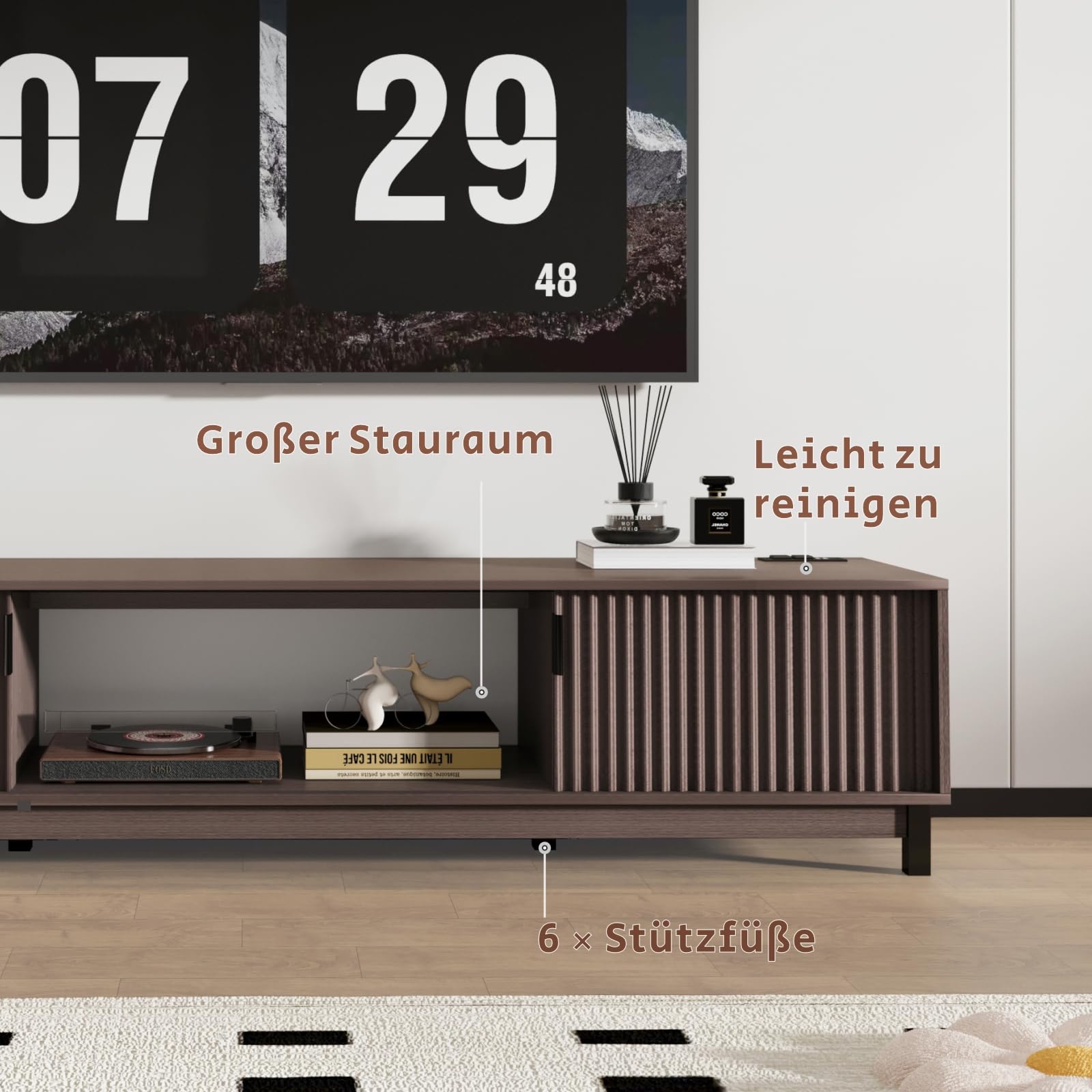 178 cm TV Lowboard für Fernseher bis 80 Zoll, TV Board mit Steckdose & USB-Anschluss, Modernes TV Schrank mit 2 Türen und Offenen Fächern, Braun