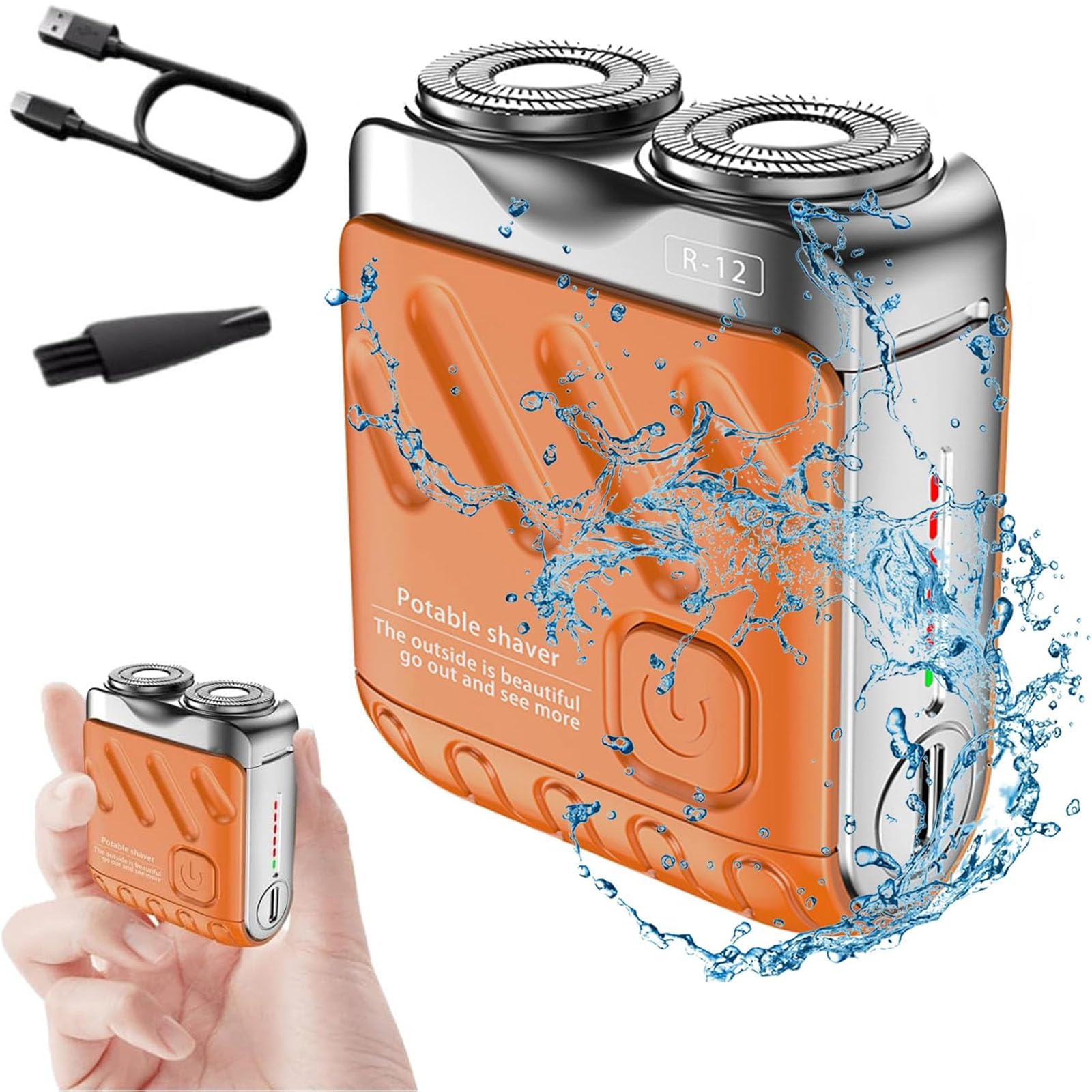 R-12 - Rasoio elettrico per bagagli, mini rasoio portatile con design a valigia, rasoio elettrico portatile, ricaricabile tramite USB, a lunga durata, per casa e viaggi (arancione)