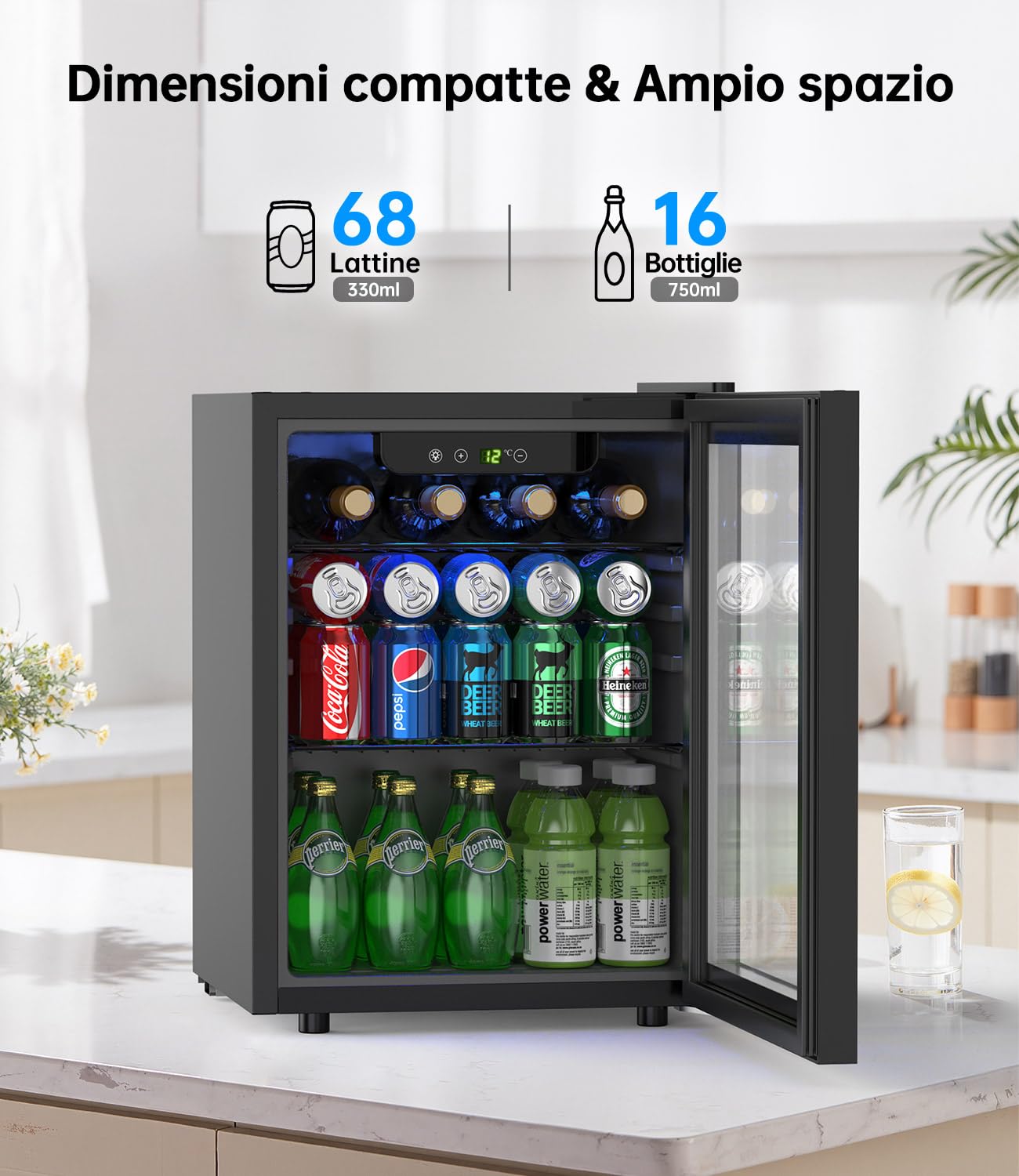 WIE Mini Frigo, Frigorifero Piccolo 48L, Frigo Vetrina con Porta in Vetro, Capacità 68 Lattine, Temperatura Regolabile, Illuminazione LED, Silenzioso - Per Casa, Ufficio, Bar