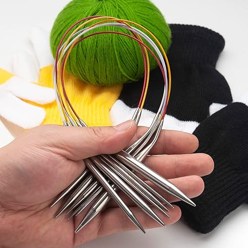 Miniatura 7 de Juego de agujas de tejer circulares de 16 pulgadas de tamaño de EE. UU. de 80.197 in para principiantes, agujas de tejer redondas de metal con lazo
